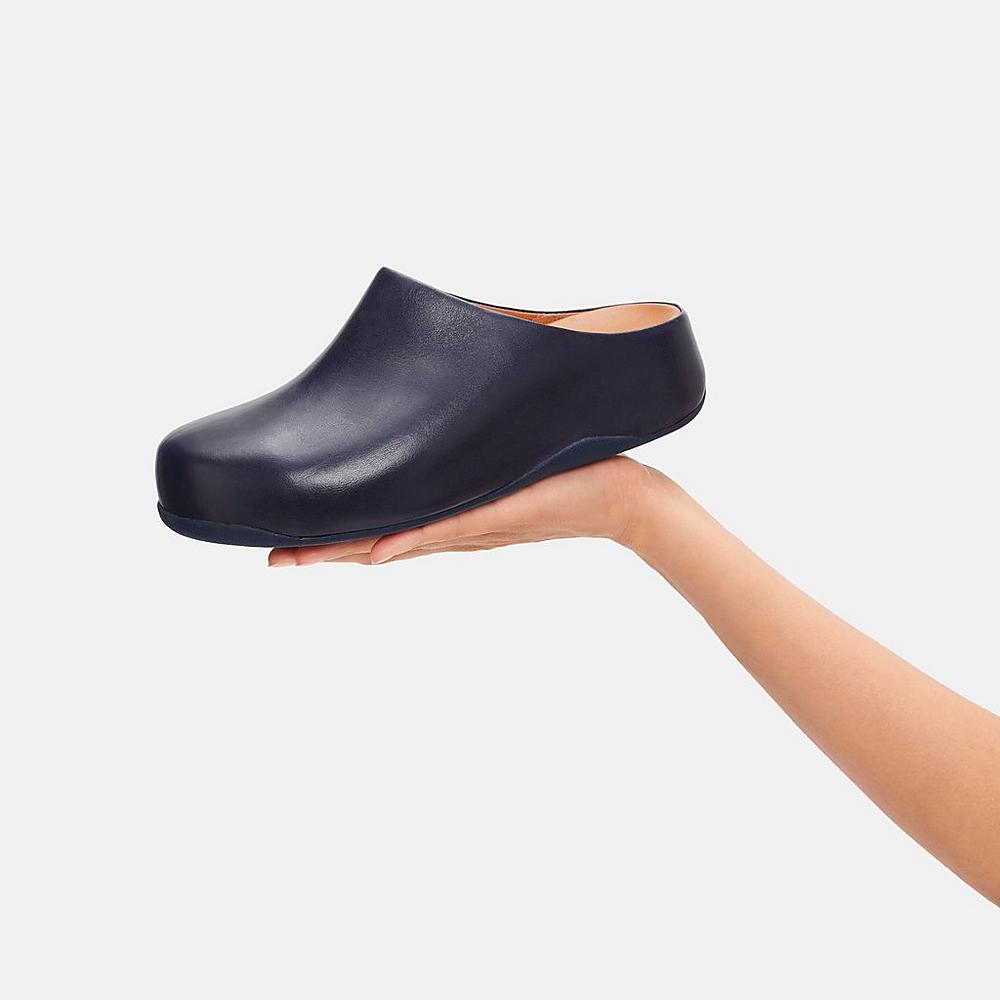 Navy Women's Fitflop SHUV Leather Clogs | SR2537960