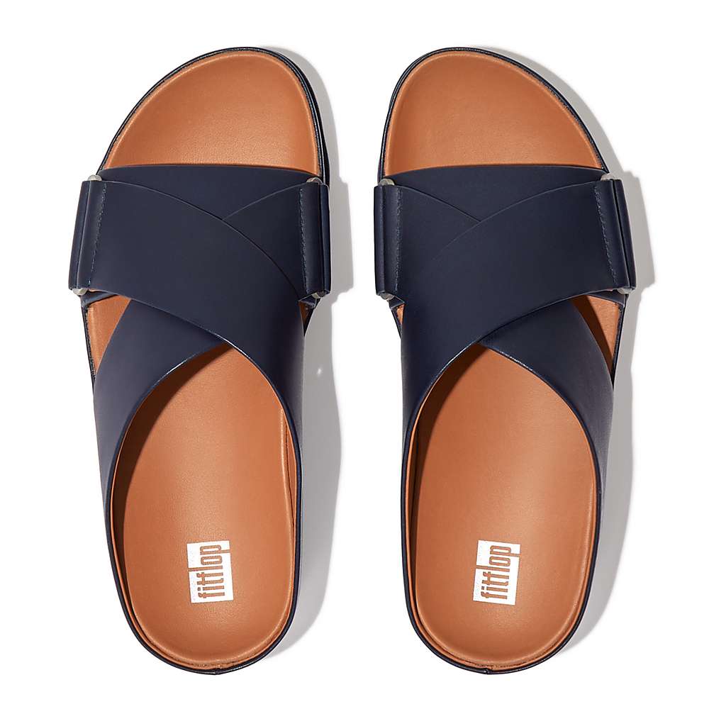 Navy Women's Fitflop SHUV Leather Cross Slides Sandals | ZC3894602