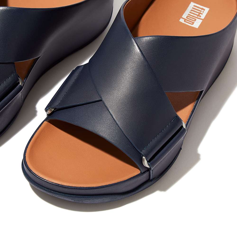 Navy Women's Fitflop SHUV Leather Cross Slides Sandals | ZC3894602