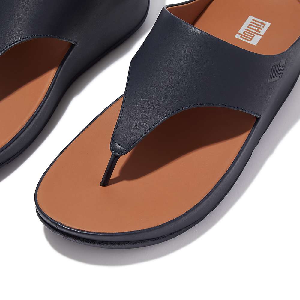 Navy Women's Fitflop SHUV Leather Toe-Post Sandals | JE0287314