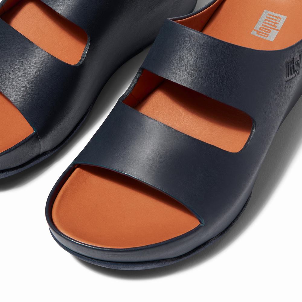 Navy Women's Fitflop SHUV Two-Bar Leather Slides Sandals | XA7163045