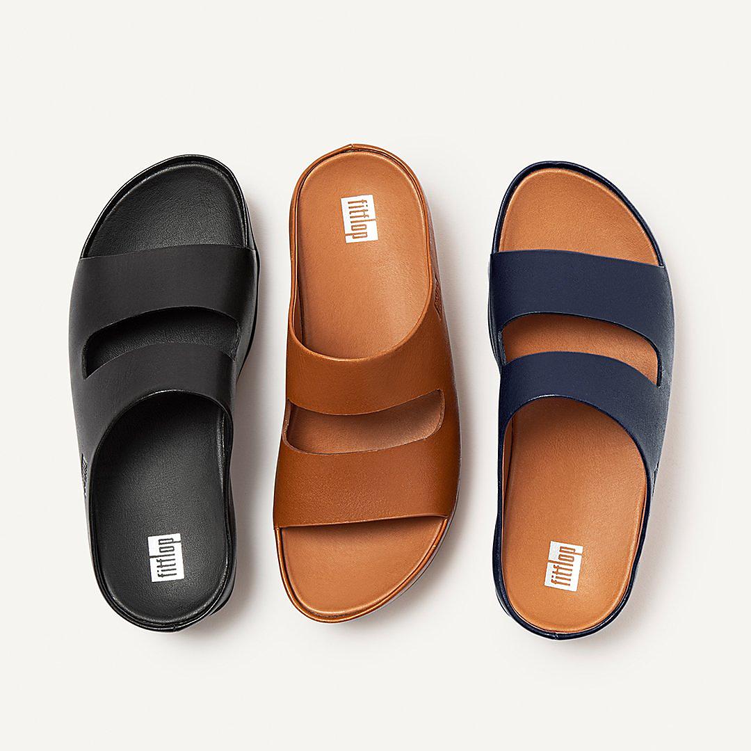 Navy Women's Fitflop SHUV Two-Bar Leather Slides Sandals | XA7163045