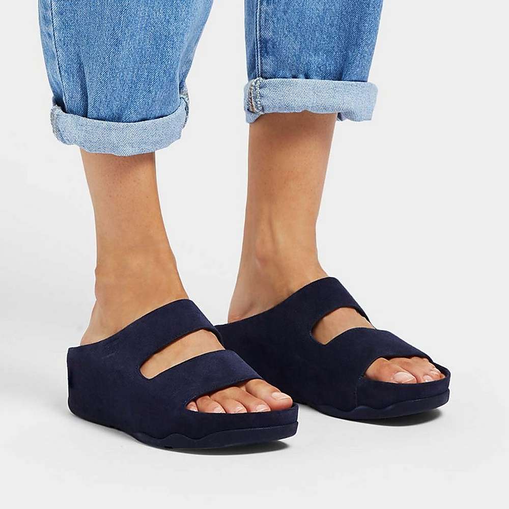 Navy Women's Fitflop SHUV Two-Bar Suede Slides Sandals | EU8942630