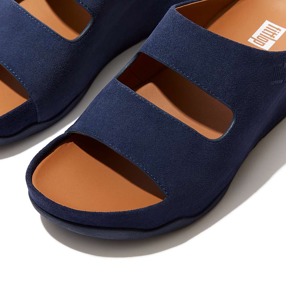 Navy Women's Fitflop SHUV Two-Bar Suede Slides Sandals | EU8942630