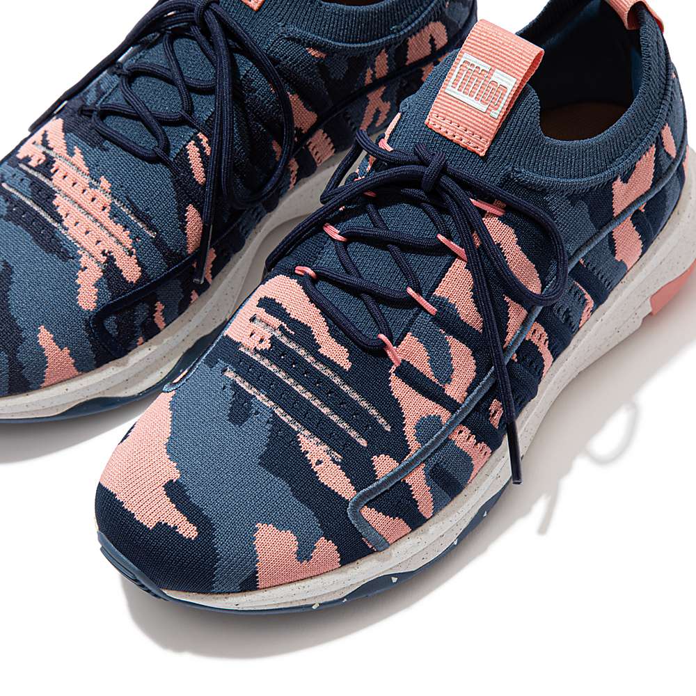 Navy Women's Fitflop VITAMIN FF E01 Camo Knit Sports Sneakers | GM3918264