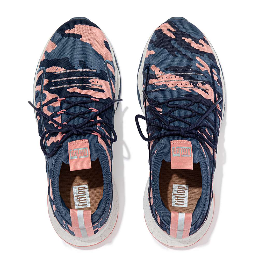 Navy Women's Fitflop VITAMIN FF E01 Camo Knit Sports Sneakers | GM3918264