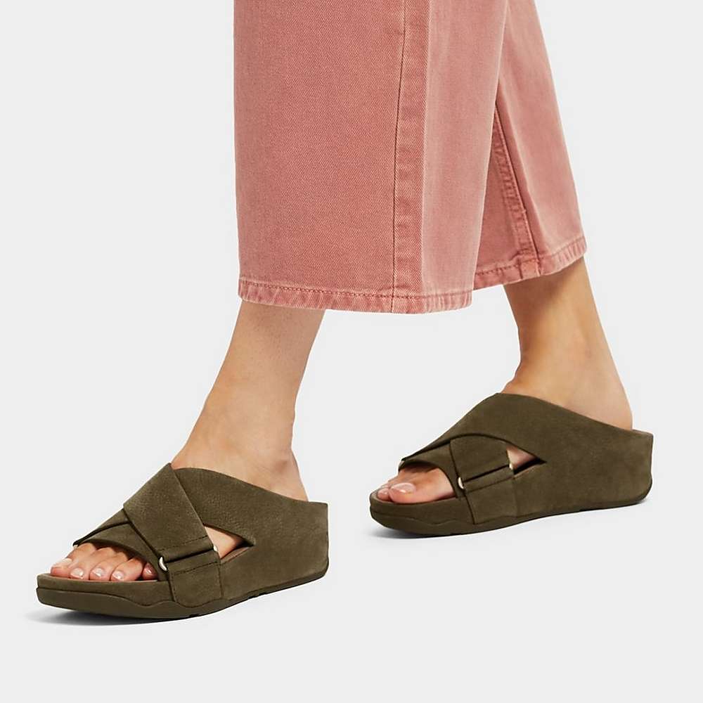 Olive Women's Fitflop SHUV Nubuck Cross Slides Sandals | VG2095384