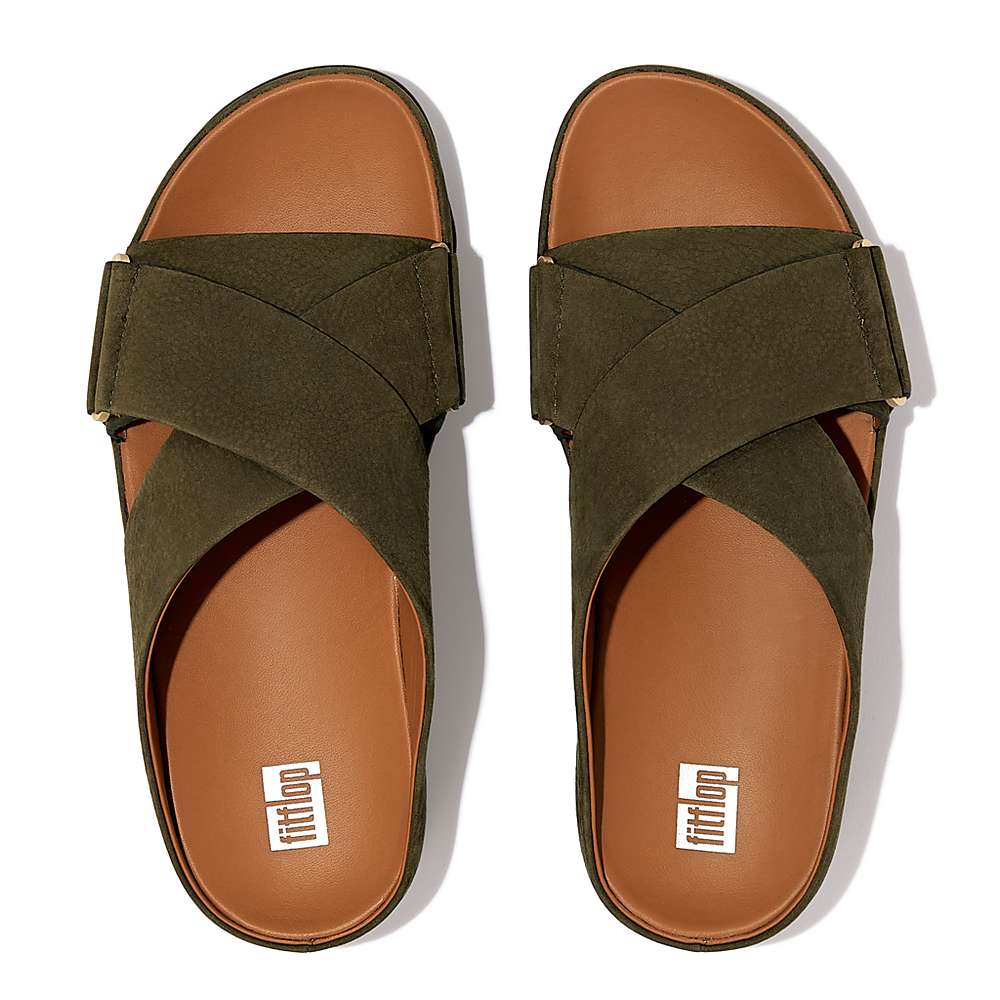 Olive Women's Fitflop SHUV Nubuck Cross Slides Sandals | VG2095384