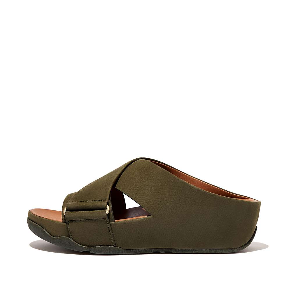 Olive Women\'s Fitflop SHUV Nubuck Cross Slides Sandals | VG2095384