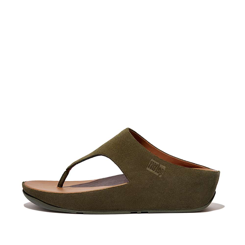 Olive Women\'s Fitflop SHUV Suede Toe-Post Sandals | TC0978314