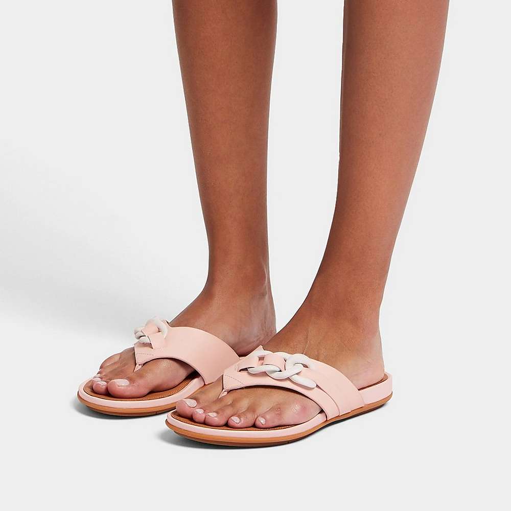 Pink Women's Fitflop GRACIE Chain Leather Toe-Post Sandals | DT1423560