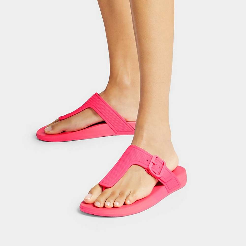 Pink Women's Fitflop IQUSHION Adjustable Buckle Flip Flops | YL3780145