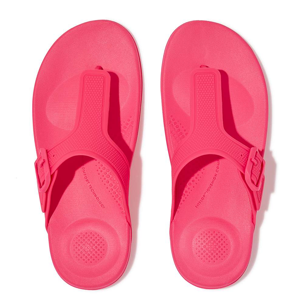 Pink Women's Fitflop IQUSHION Adjustable Buckle Flip Flops | YL3780145