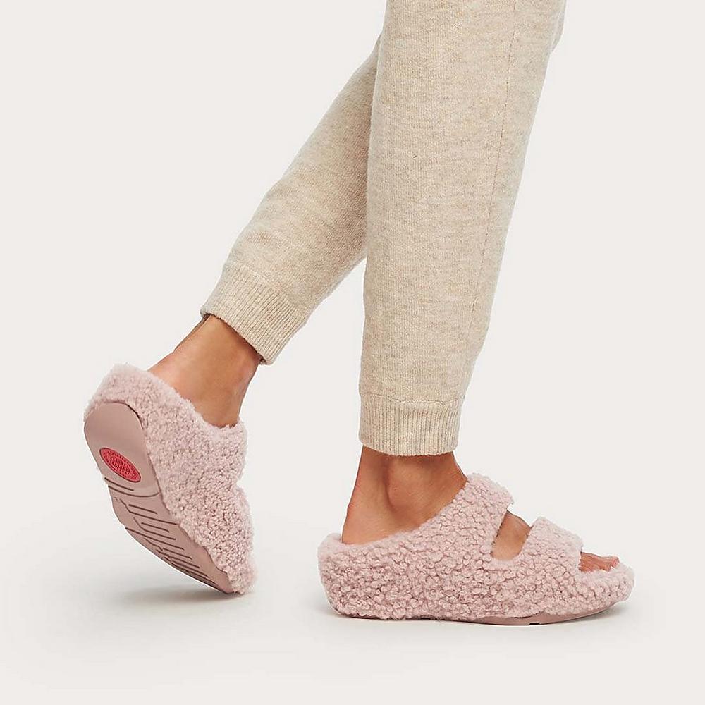 Pink Women's Fitflop SHUV Two-Bar Shearling Slides Slippers | LR0841362