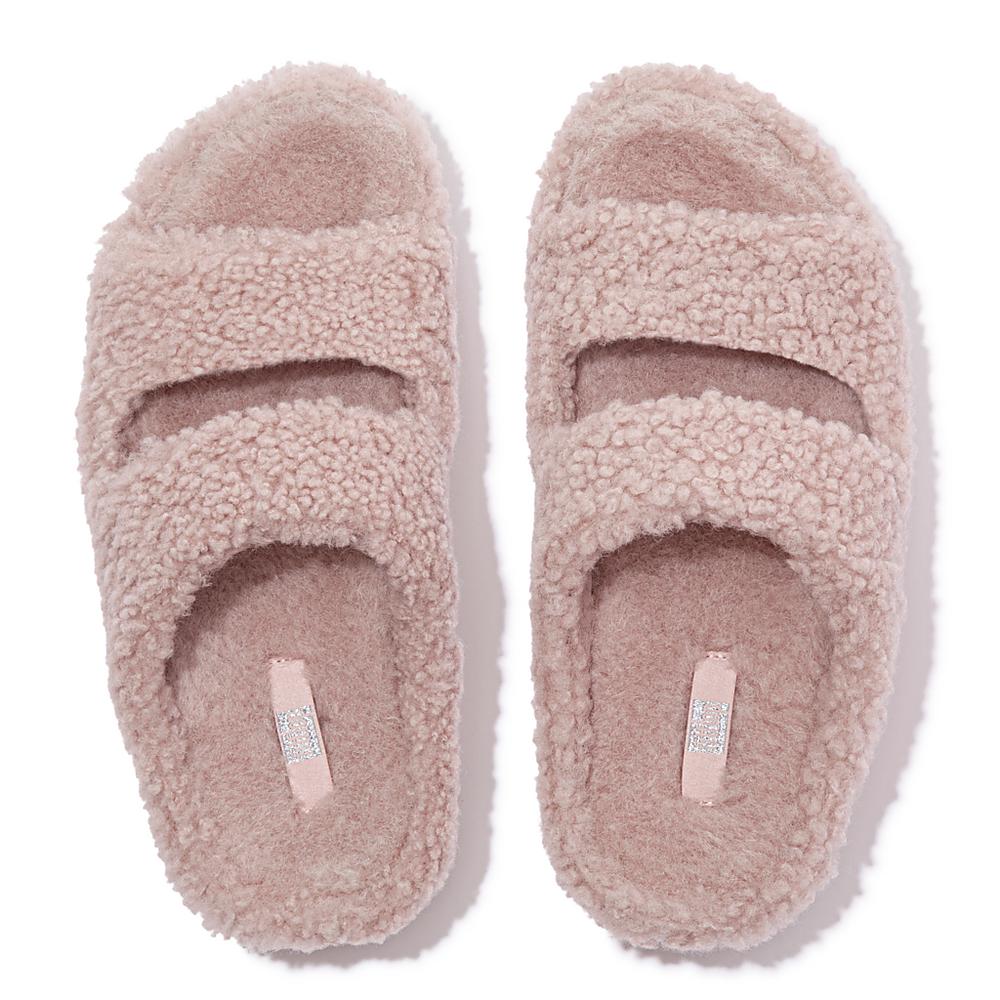 Pink Women's Fitflop SHUV Two-Bar Shearling Slides Slippers | LR0841362