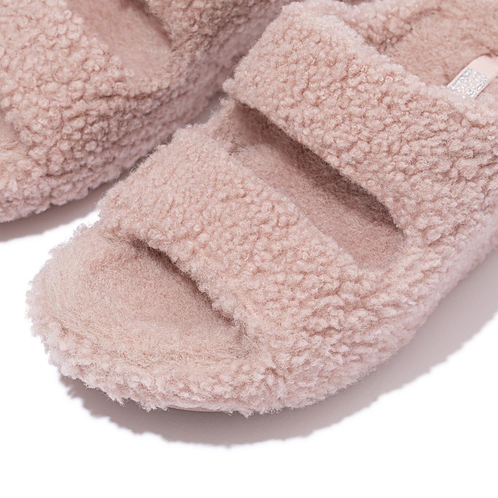 Pink Women's Fitflop SHUV Two-Bar Shearling Slides Slippers | LR0841362