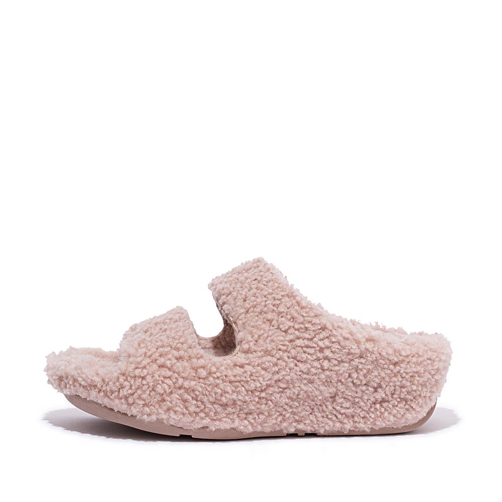 Pink Women\'s Fitflop SHUV Two-Bar Shearling Slides Slippers | LR0841362