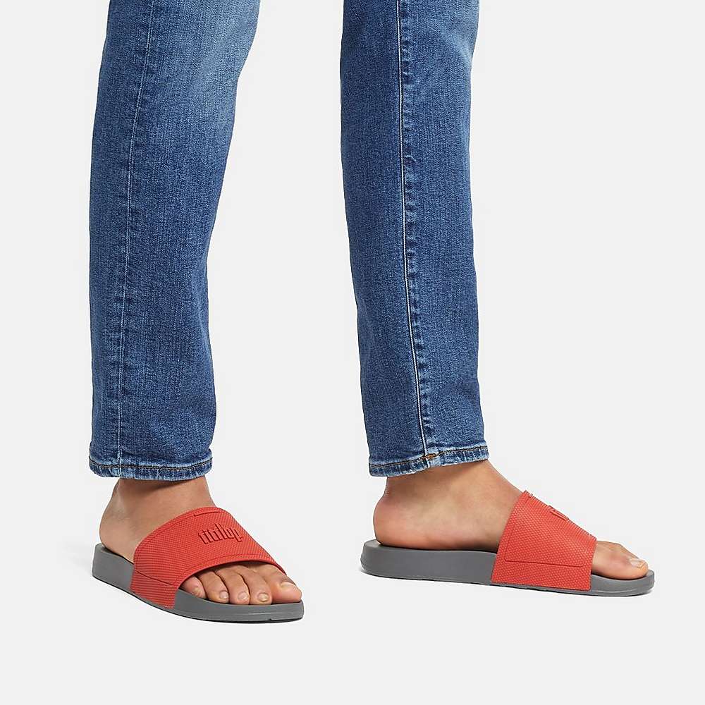 Red/Grey Men's Fitflop IQUSHION Pool Slides | BE5431870