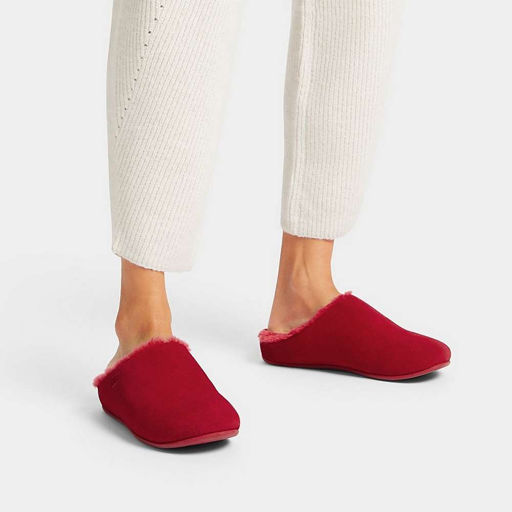 Red Women's Fitflop CHRISSIE Shearling-Lined Suede Slippers | VQ8092613