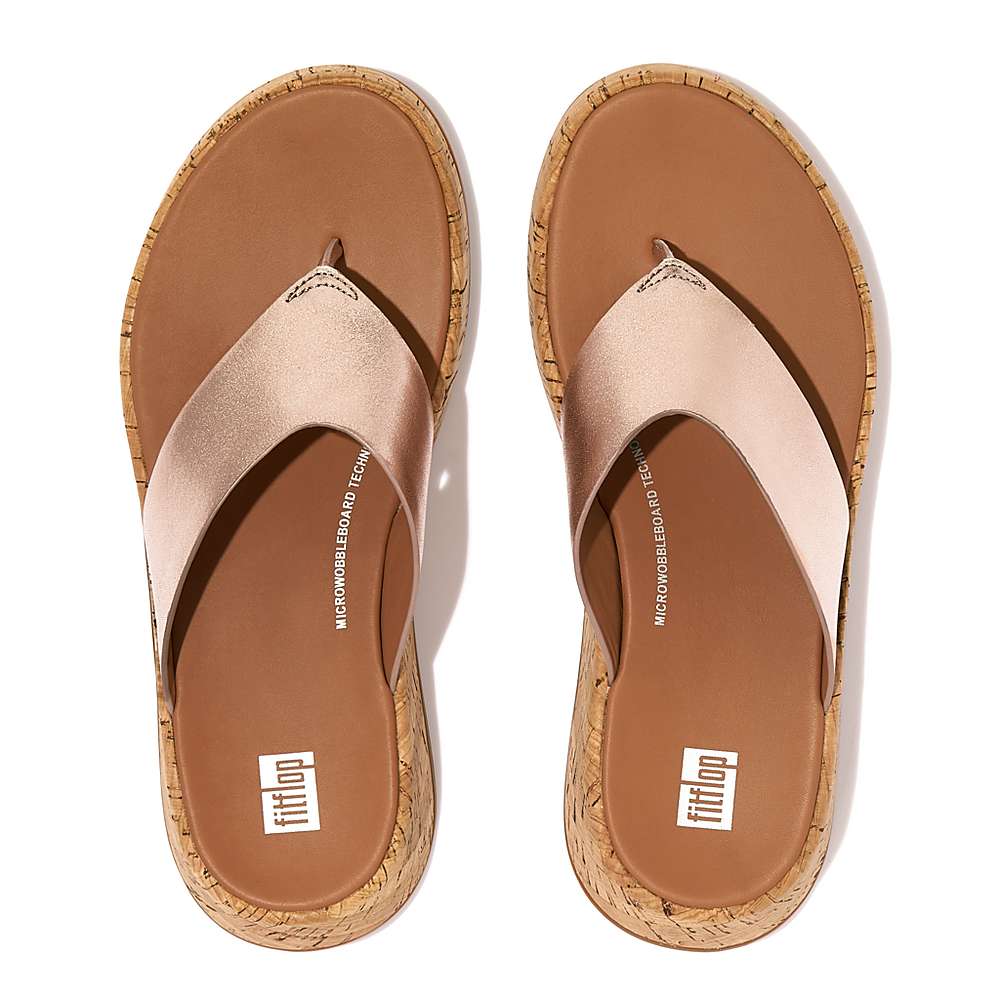 Rose Gold Women's Fitflop F-MODE Metallic Leather/Cork Flatform Toe-Post Sandals | AS2046915