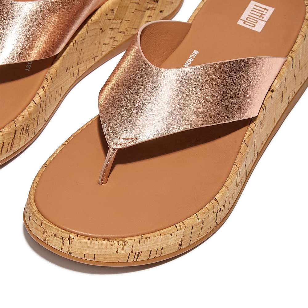 Rose Gold Women's Fitflop F-MODE Metallic Leather/Cork Flatform Toe-Post Sandals | AS2046915