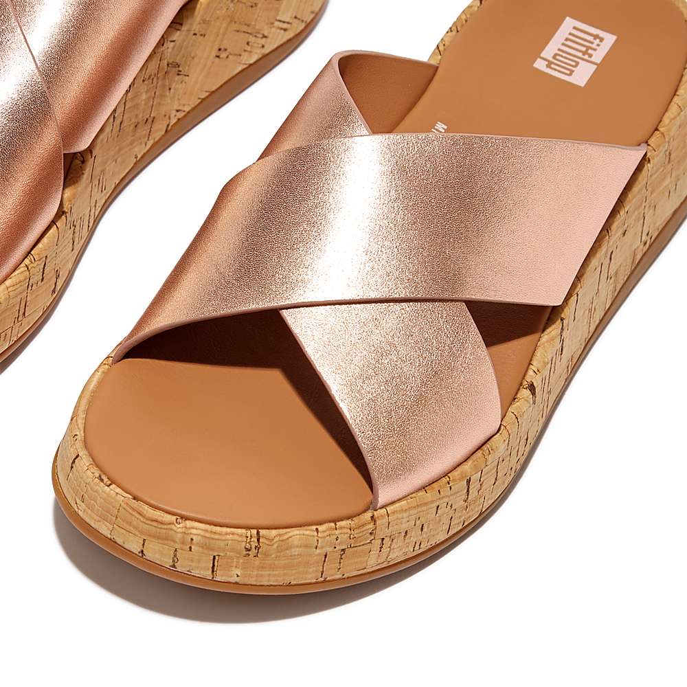 Rose Gold Women's Fitflop F-MODE Metallic Leather/Cork Flatform Cross Slides Sandals | EG2481637