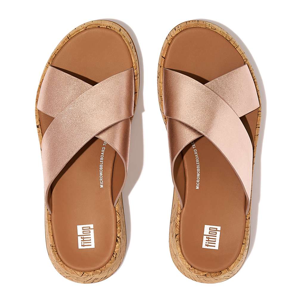 Rose Gold Women's Fitflop F-MODE Metallic Leather/Cork Flatform Cross Slides Sandals | EG2481637