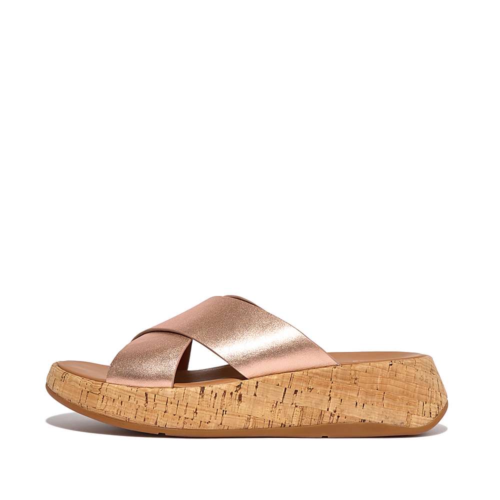 Rose Gold Women\'s Fitflop F-MODE Metallic Leather/Cork Flatform Cross Slides Sandals | EG2481637