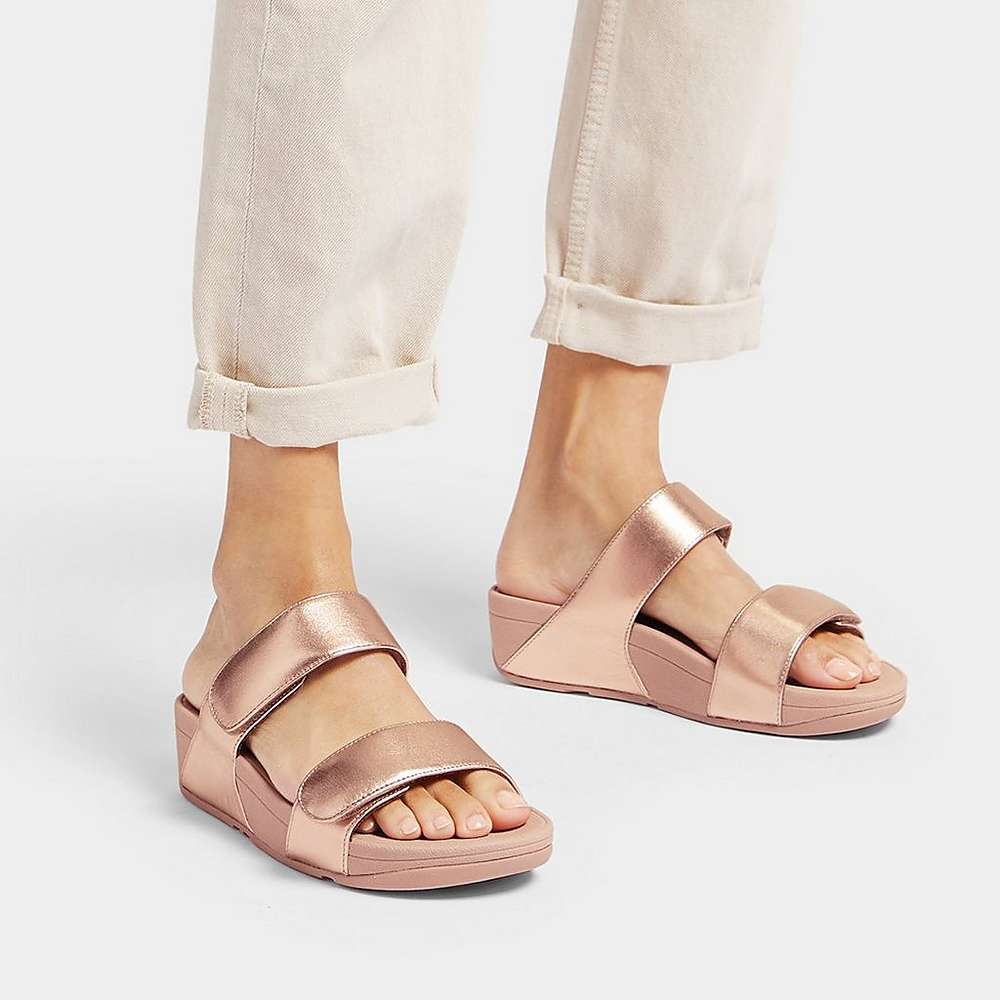 Rose Gold Women's Fitflop LULU Adjustable Leather Slides Sandals | YX2468573