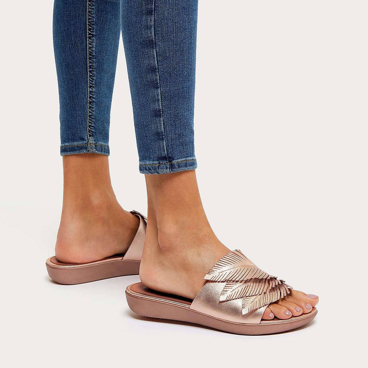 Rose Gold Women's Fitflop SOLA Feather Metallic Leather Slides Sandals | HK9316827