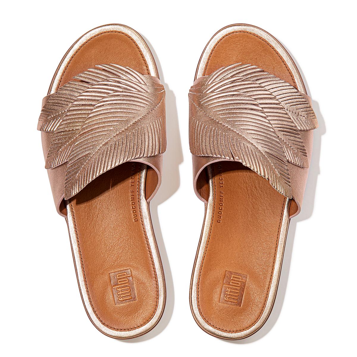 Rose Gold Women's Fitflop SOLA Feather Metallic Leather Slides Sandals | HK9316827