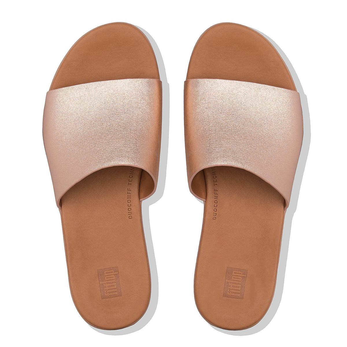 Rose Gold Women's Fitflop SOLA Leather Slides Sandals | WY3189605