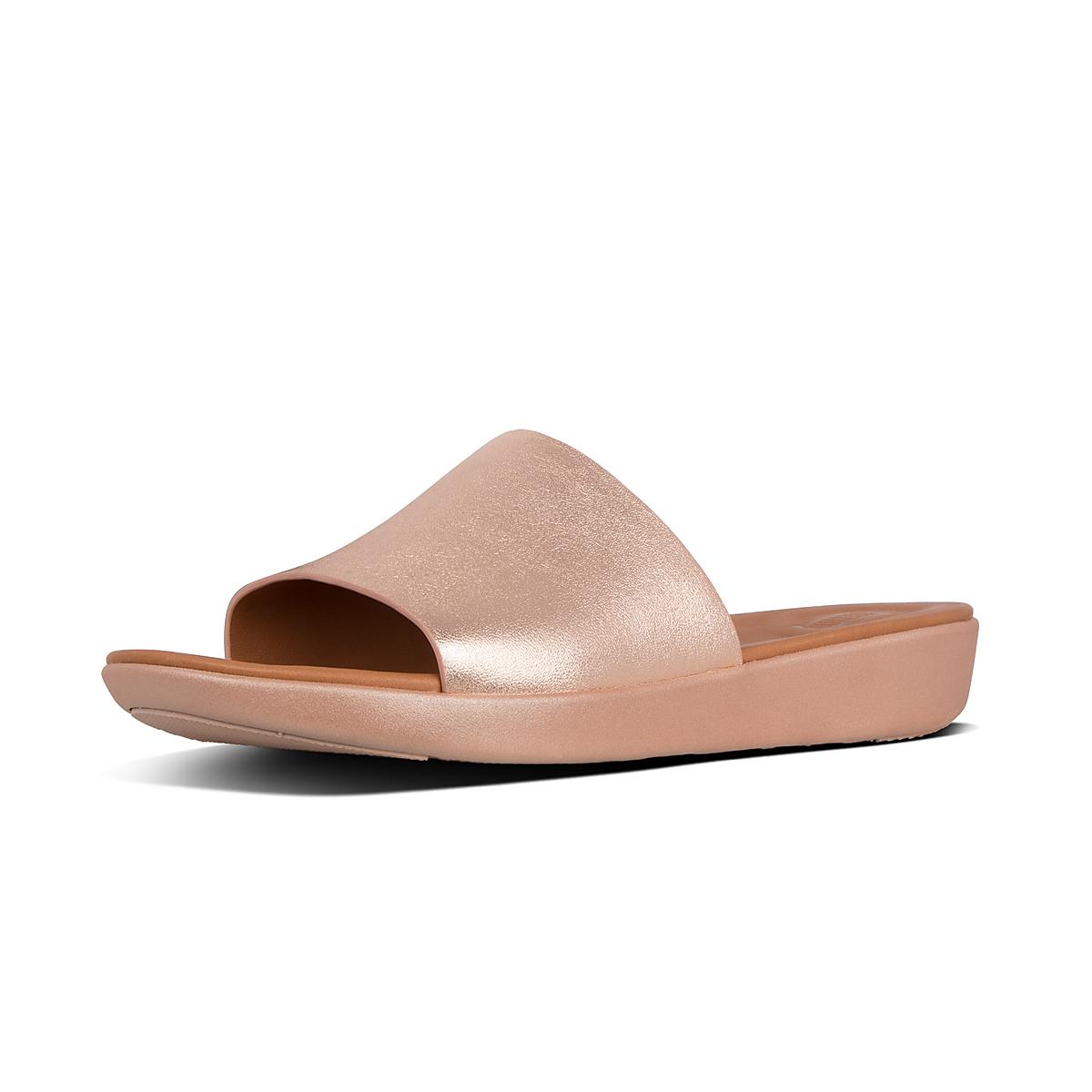 Rose Gold Women's Fitflop SOLA Leather Slides Sandals | WY3189605