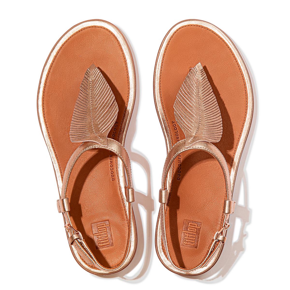 Rose Gold Women's Fitflop TIA Feather Metallic Leather Back-Strap Sandals | GU8943756