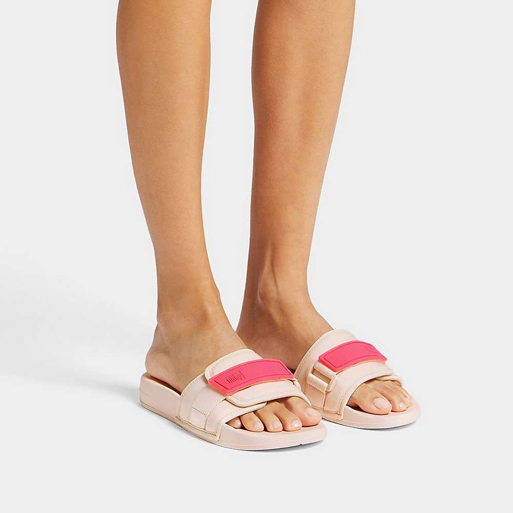 Rose/Pink Women's Fitflop IQUSHION Adjustable Water-Resistant Slides | NU6153897