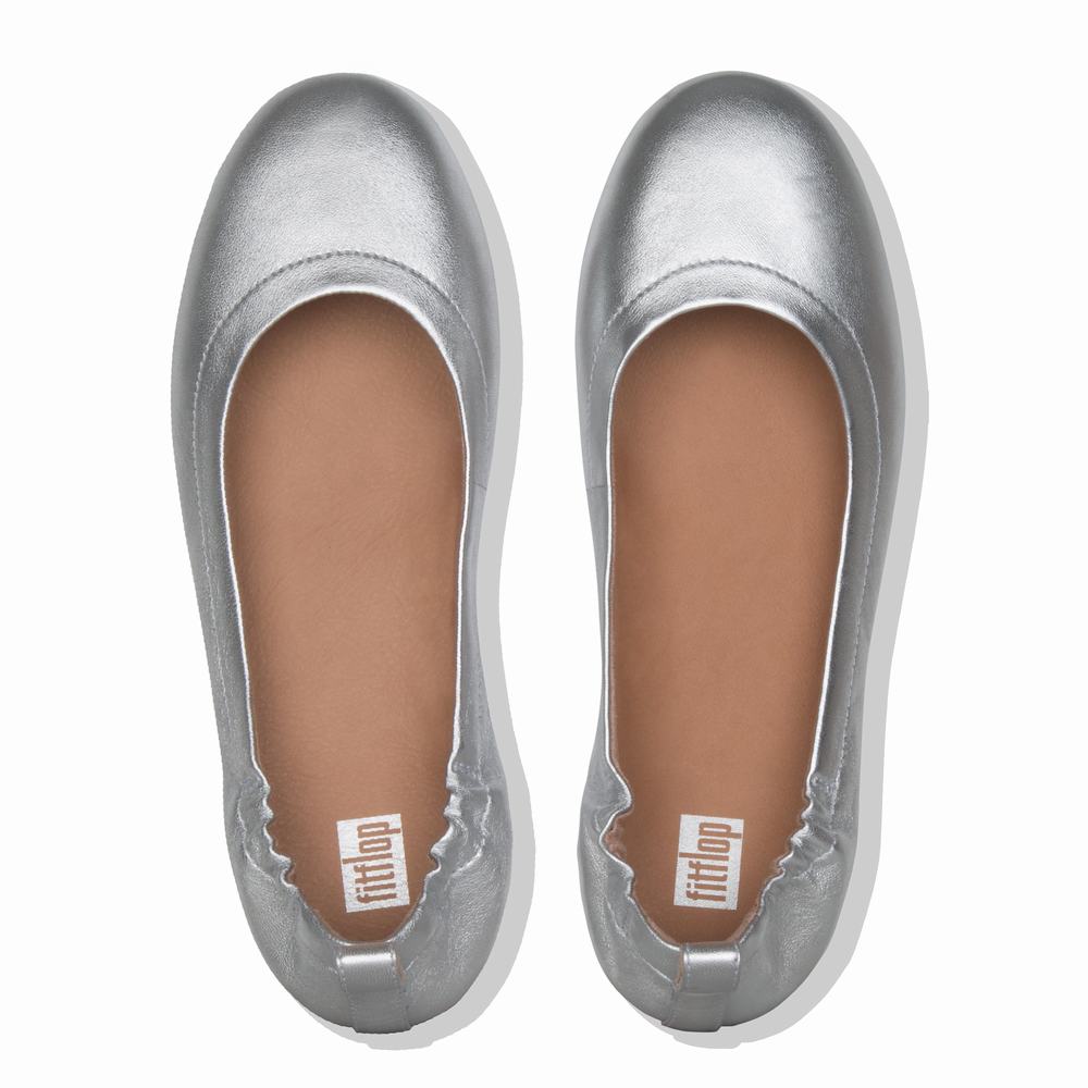 Silver Women's Fitflop ALLEGRO Soft Leather Ballet Flats | CW7628410