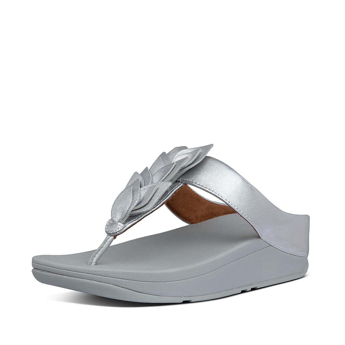 Silver Women's Fitflop FINO Leaf Metallic Leather Toe-Thongs Sandals | WE5124839