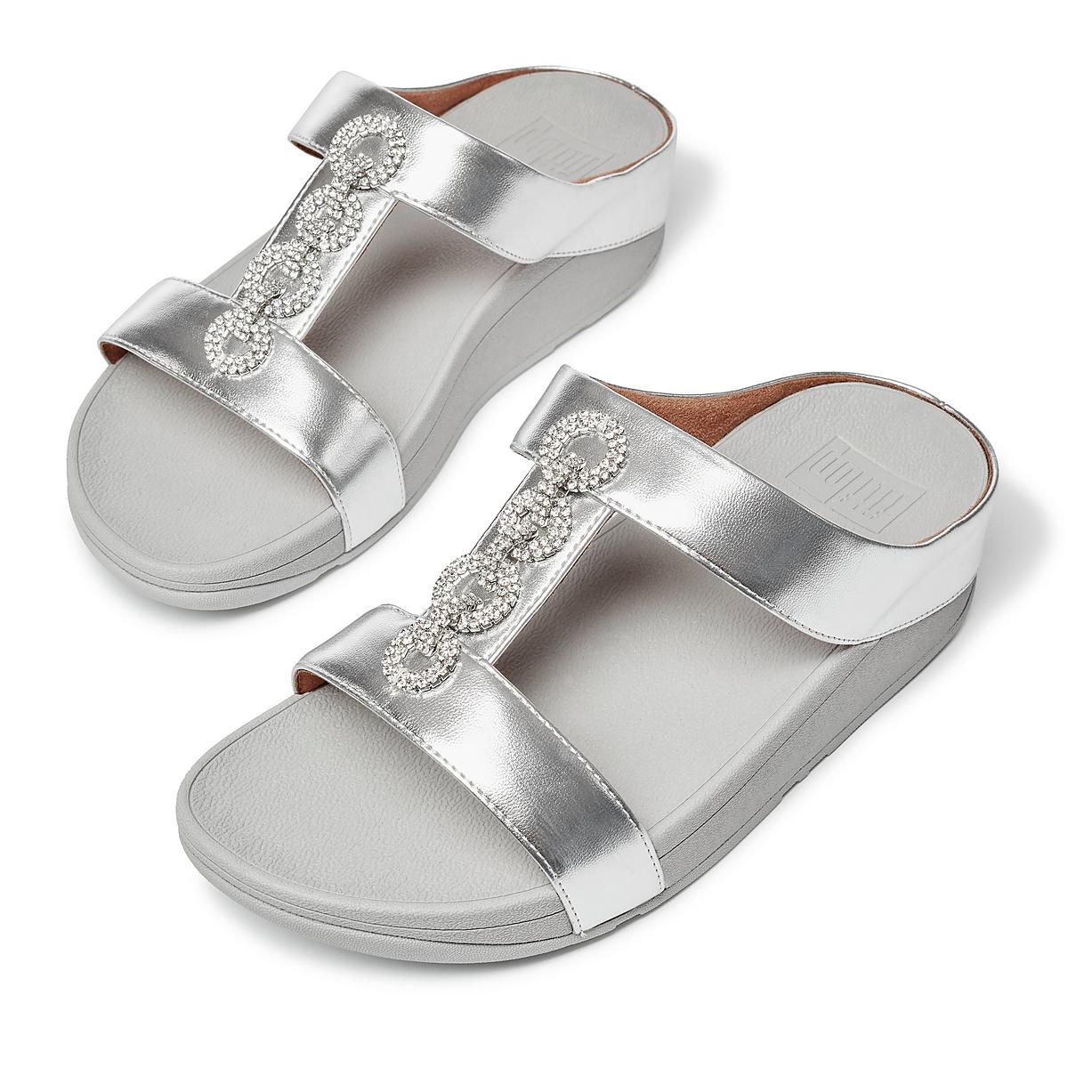 Silver Women's Fitflop FINO Sparkle Slides Sandals | IJ7139286