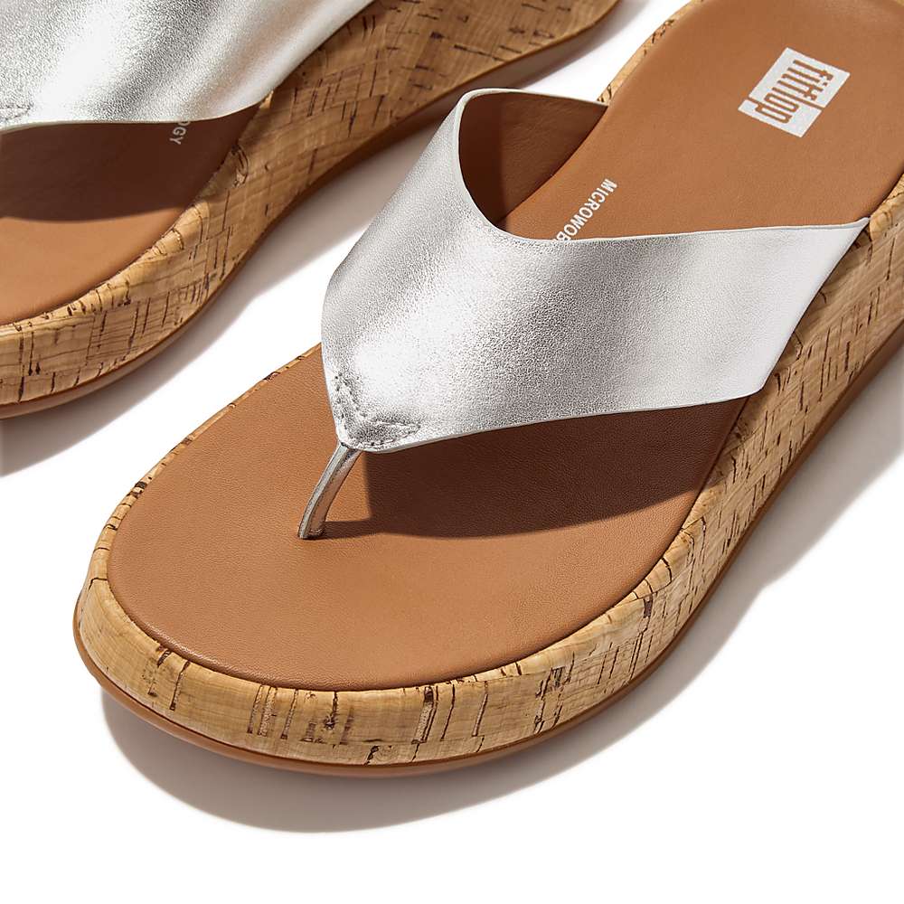 Silver Women's Fitflop F-MODE Metallic Leather/Cork Flatform Toe-Post Sandals | HP1084352