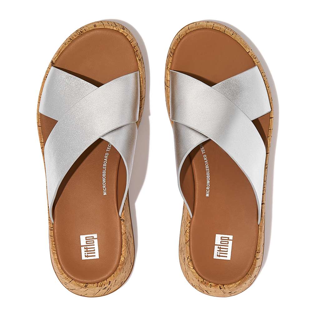 Silver Women's Fitflop F-MODE Metallic Leather/Cork Flatform Cross Slides Sandals | ZJ3218470