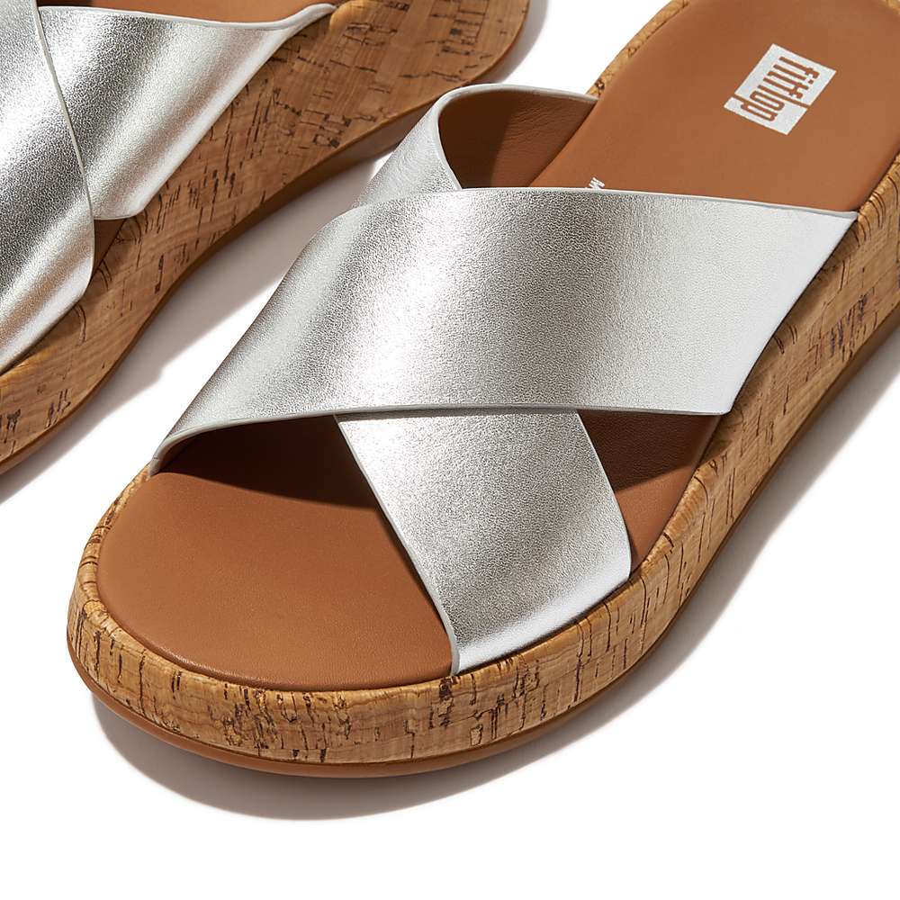 Silver Women's Fitflop F-MODE Metallic Leather/Cork Flatform Cross Slides Sandals | ZJ3218470