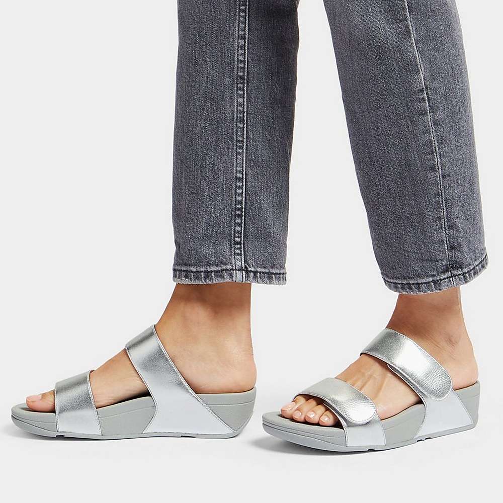 Silver Women's Fitflop LULU Adjustable Leather Slides Sandals | KE4961307