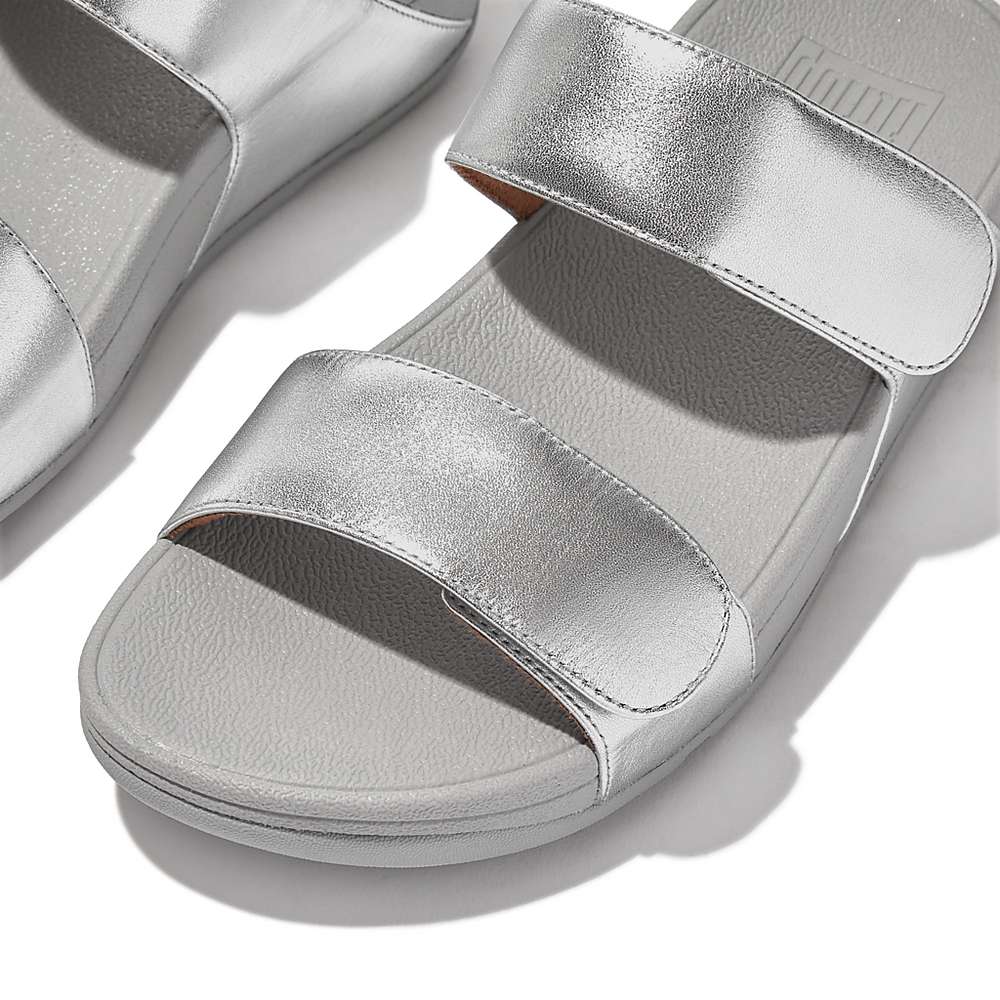 Silver Women's Fitflop LULU Adjustable Leather Slides Sandals | KE4961307