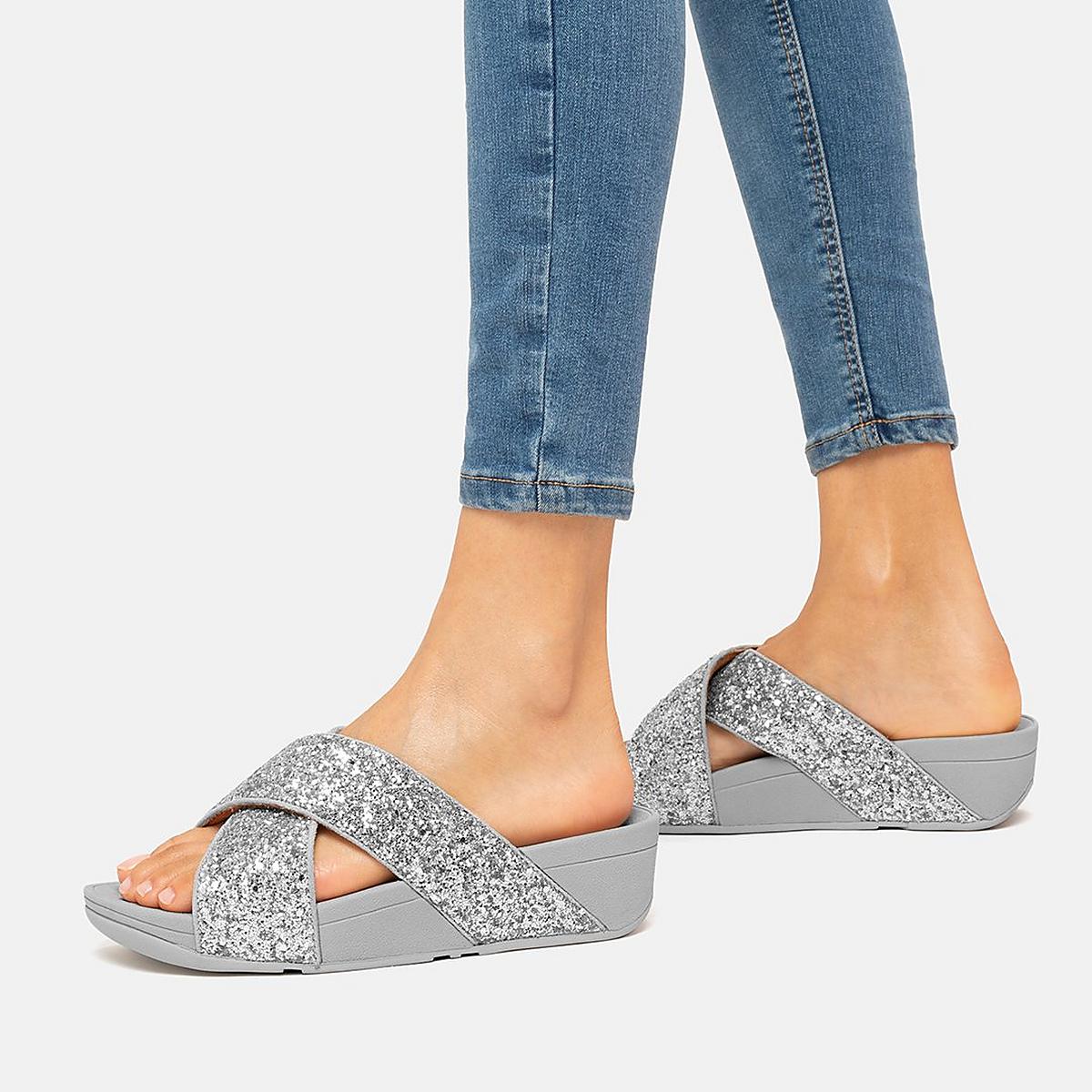 Silver Women's Fitflop LULU Glitter Cross Slides Sandals | PB0539718