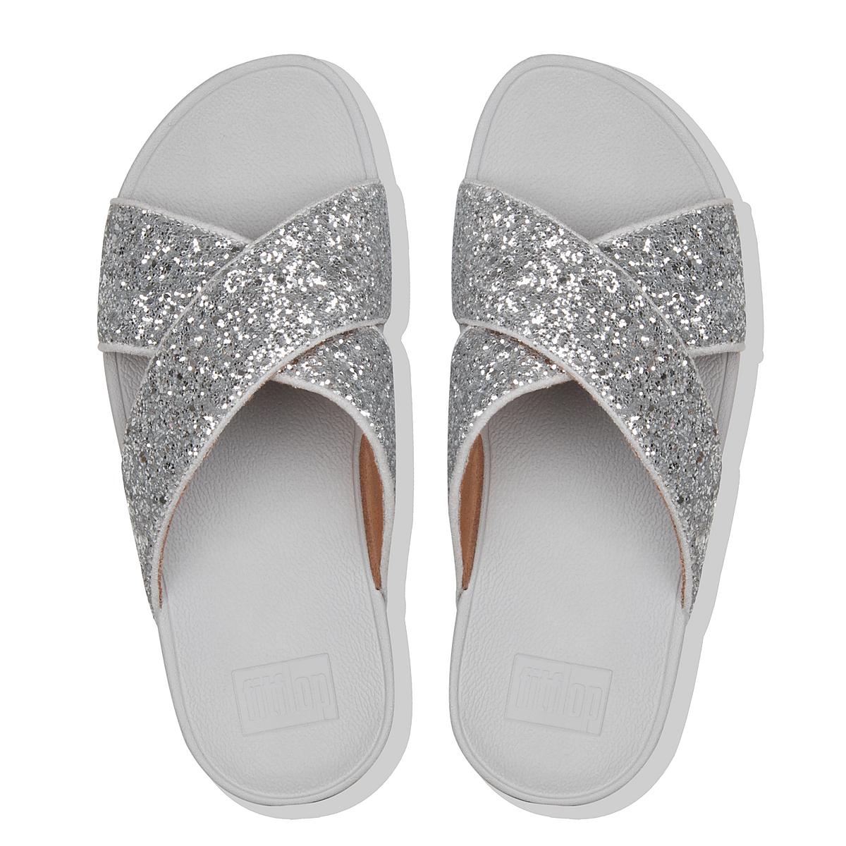 Silver Women's Fitflop LULU Glitter Cross Slides Sandals | PB0539718