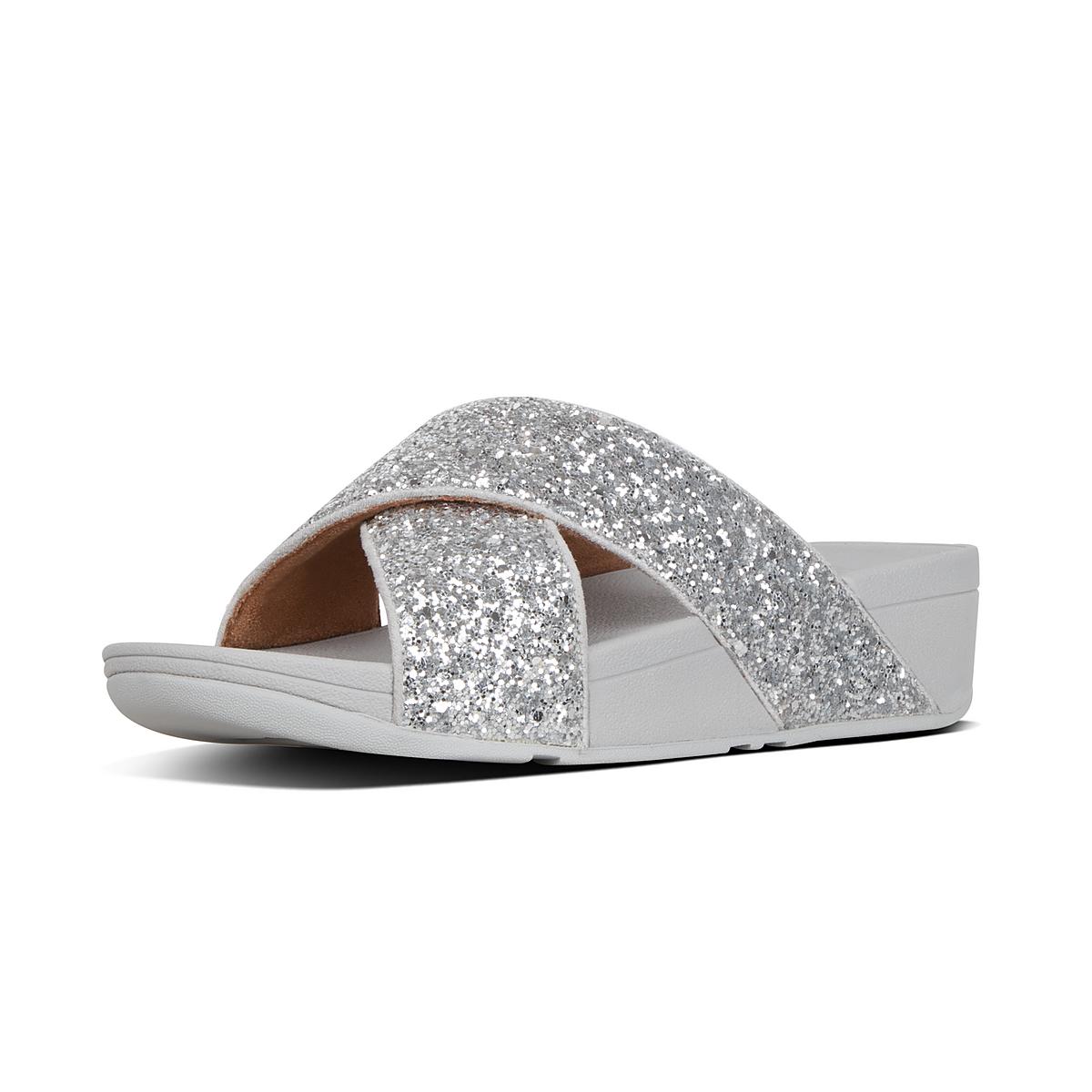 Silver Women's Fitflop LULU Glitter Cross Slides Sandals | PB0539718