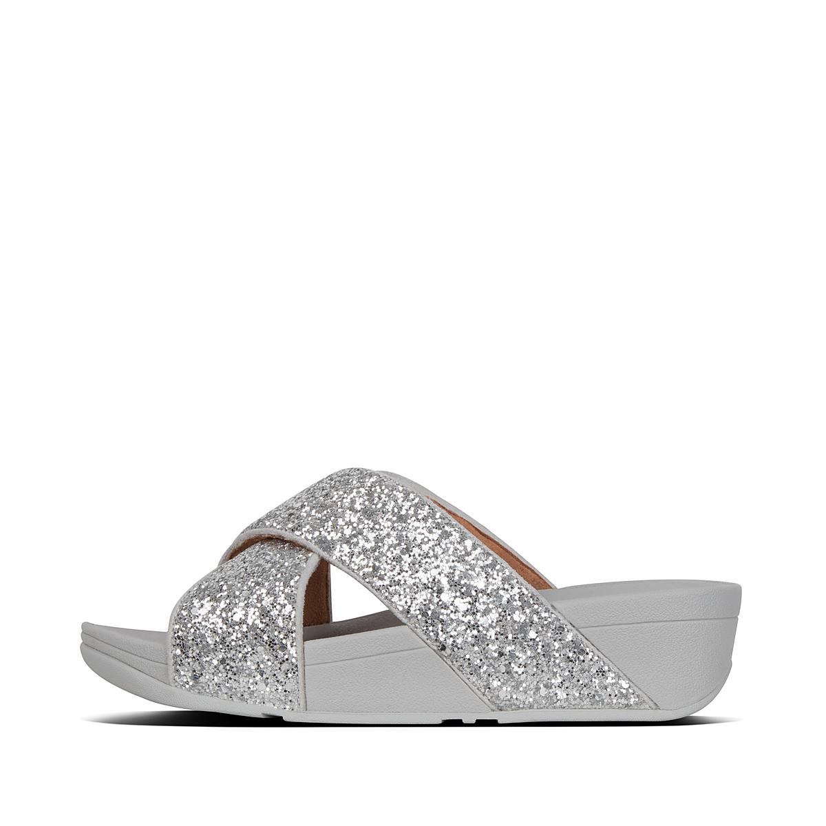 Silver Women\'s Fitflop LULU Glitter Cross Slides Sandals | PB0539718