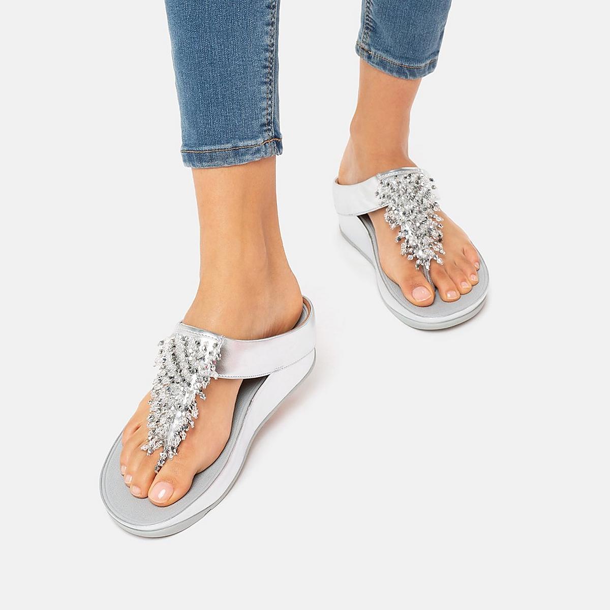 Silver Women's Fitflop RUMBA Beaded Toe-Post Sandals | FX3925401