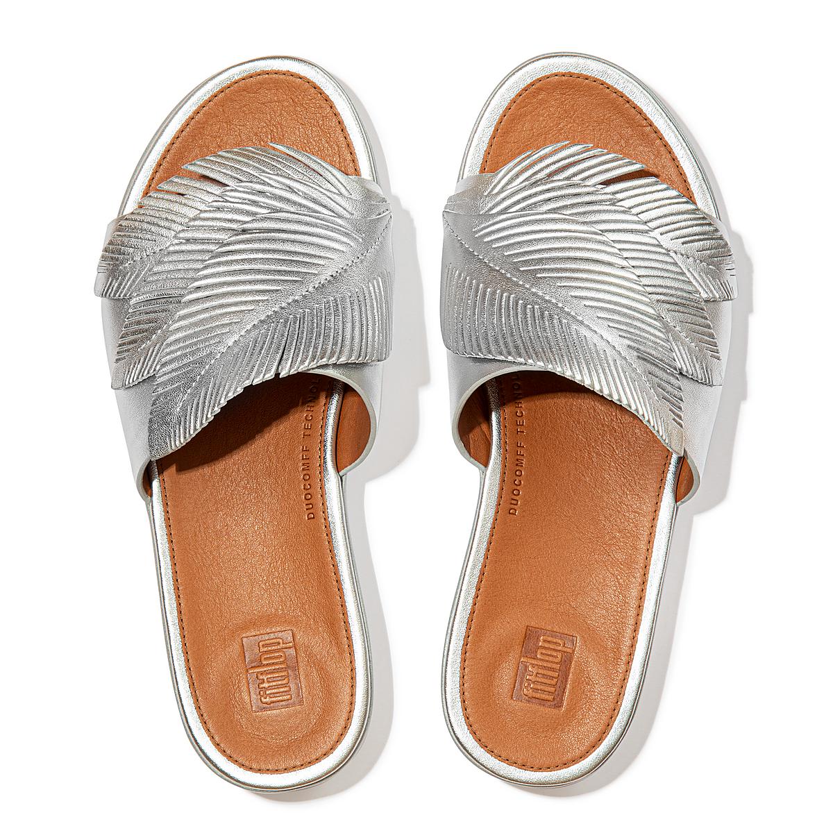 Silver Women's Fitflop SOLA Feather Metallic Leather Slides Sandals | CD6752039