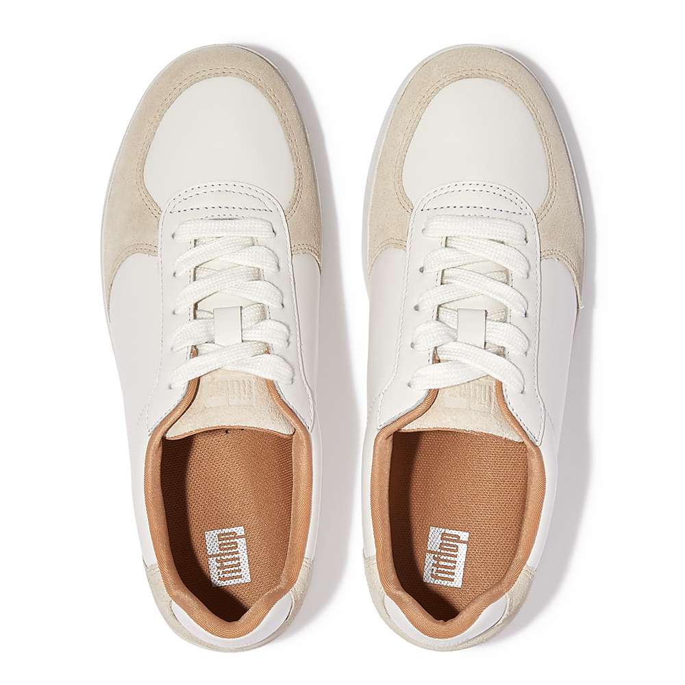 White/Beige Women's Fitflop RALLY Leather/Suede Panel Sneakers | FW1843025